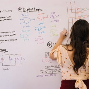 Ung person som skriver på en white board