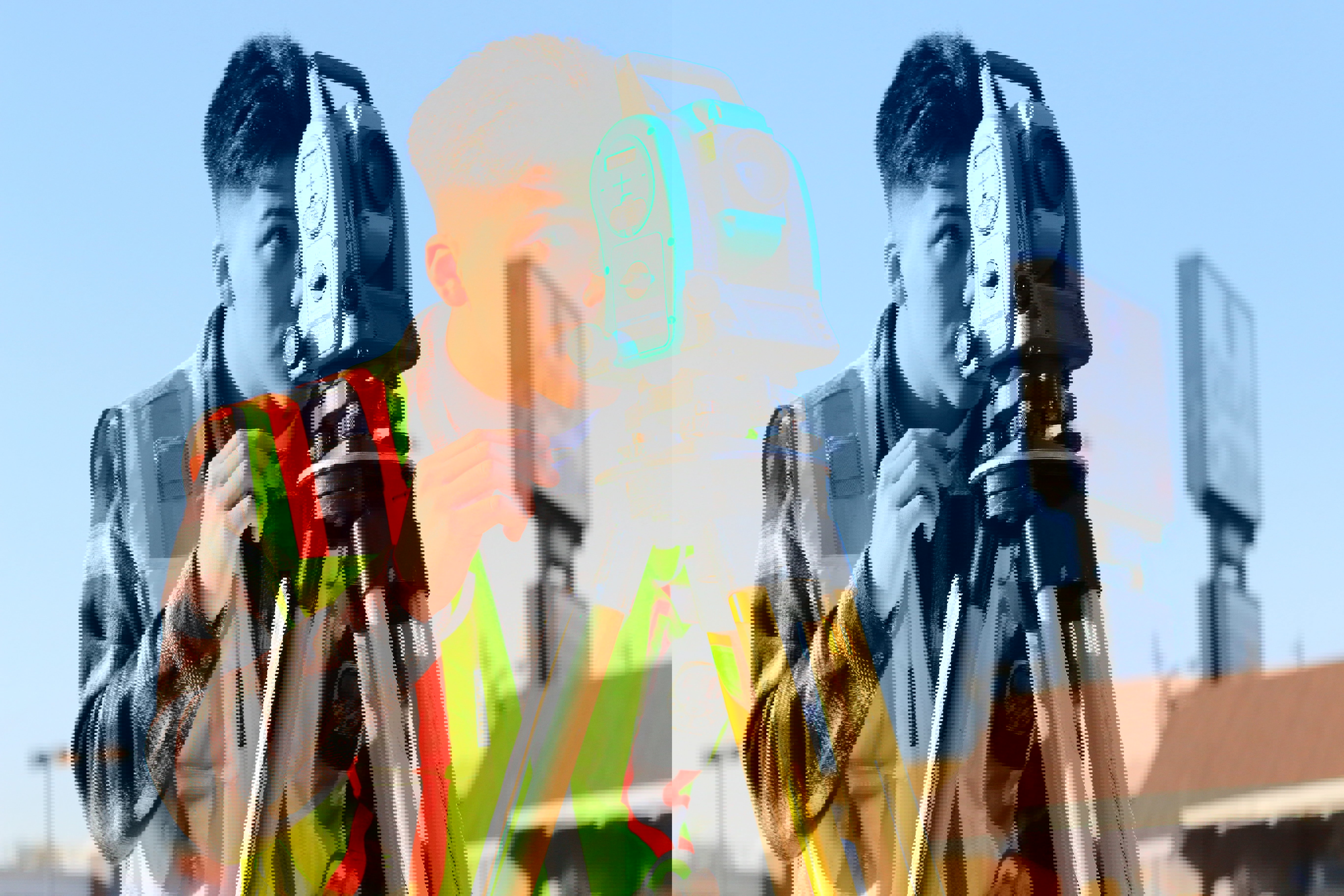 Person på byggarbetsplats tittar genom lasermätare 